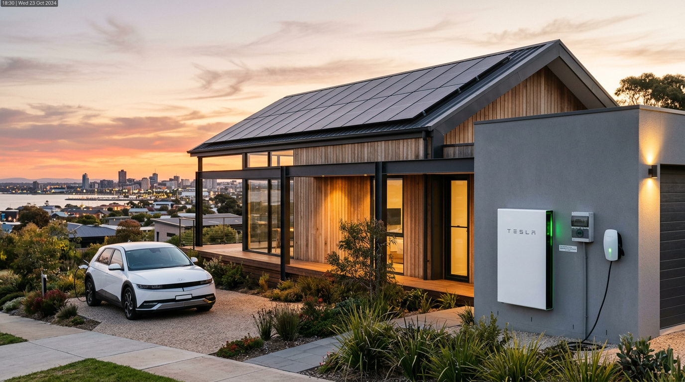 Solar panels and battery storage system on modern Australian home at sunset